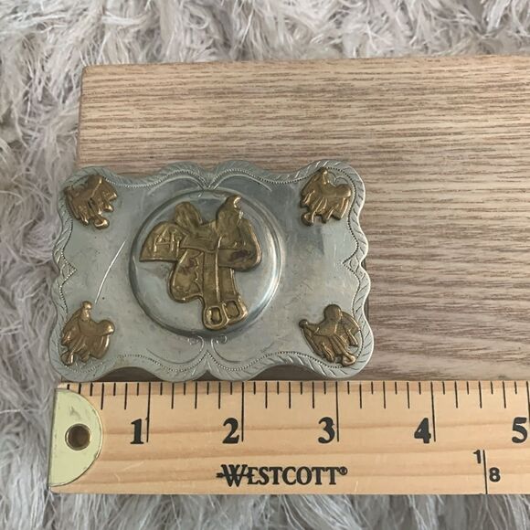Vintage The Lyntone Co Oklahoma Nickel Silver Belt Buckle Cowboy Western Saddle - Picture 15 of 17